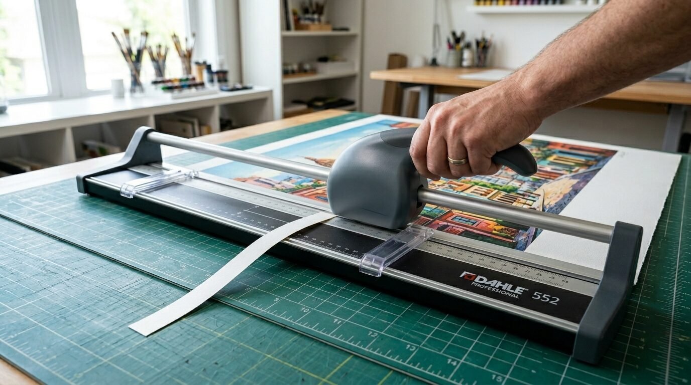 Close-up of a hand sliding a rotary cutter across a print on a green gridded cutting mat.