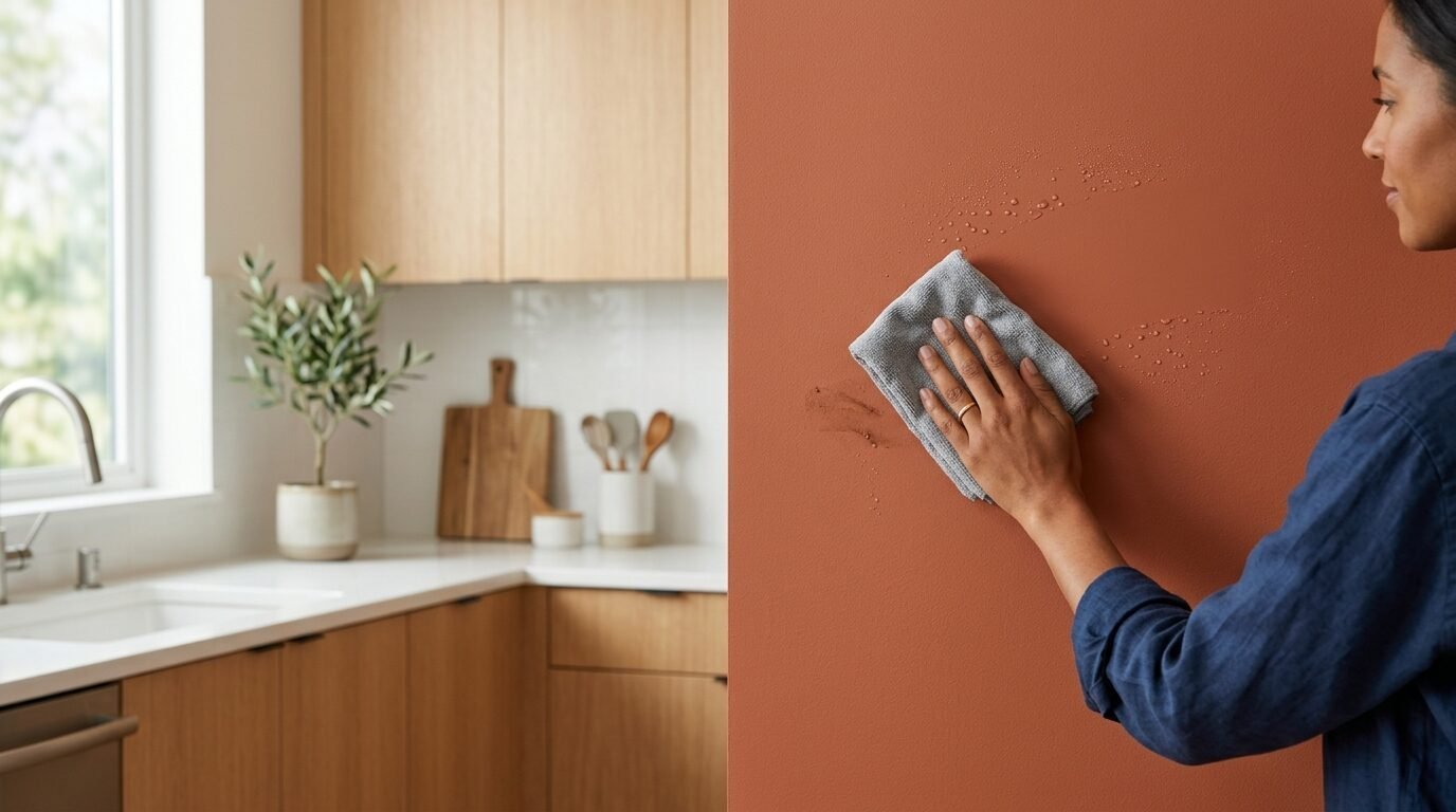 Close up of a person using a grey microfiber cloth to remove dirt from a matte rust-colored wall in a modern kitchen.