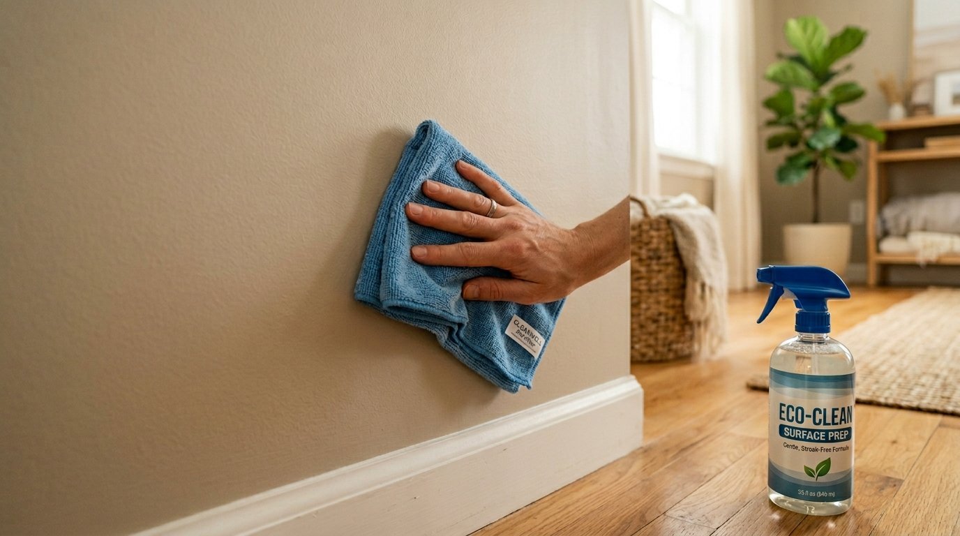 Close up of a hand wiping a light brown wall with a microfiber towel next to a bottle of cleaning spray.