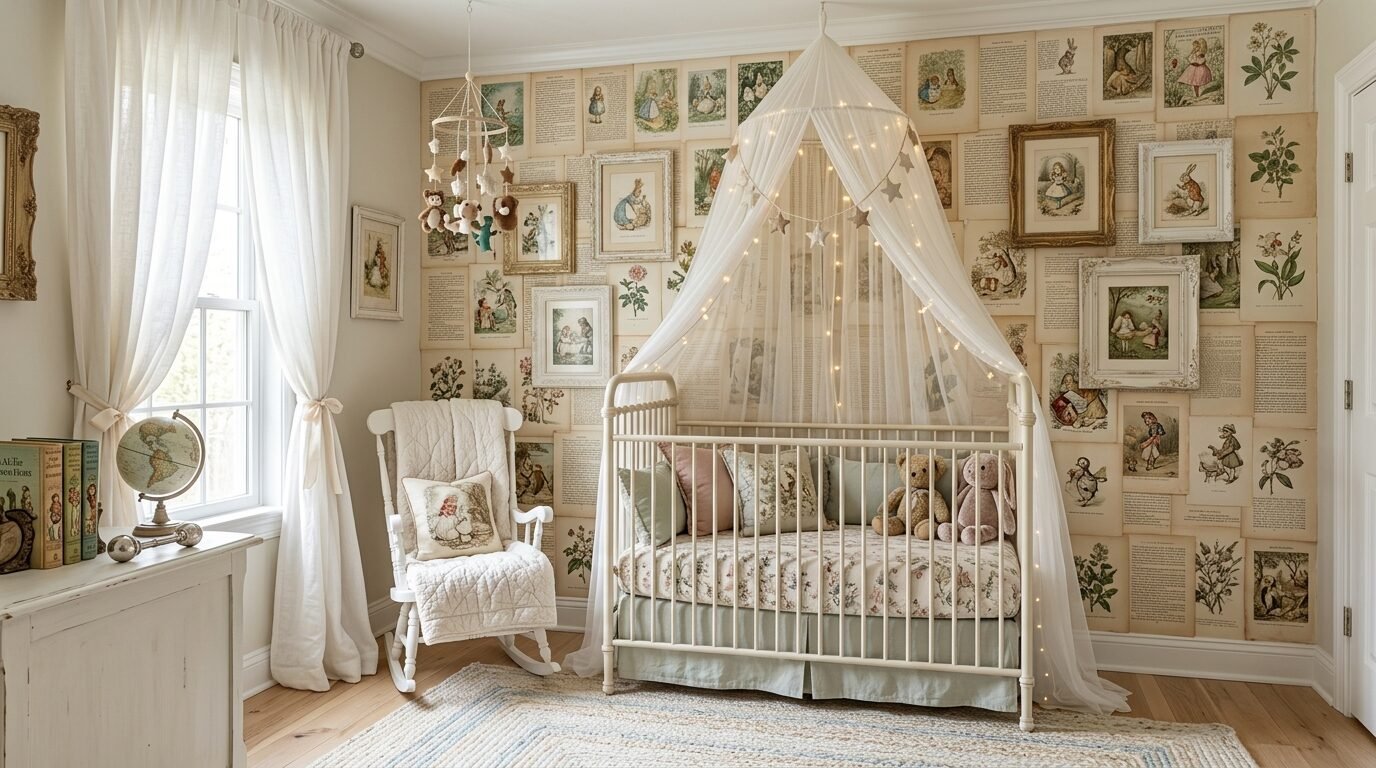 Baby nursery with Peter Rabbit book page wallpaper, a white crib with a canopy, rocking chair, and framed illustrations.