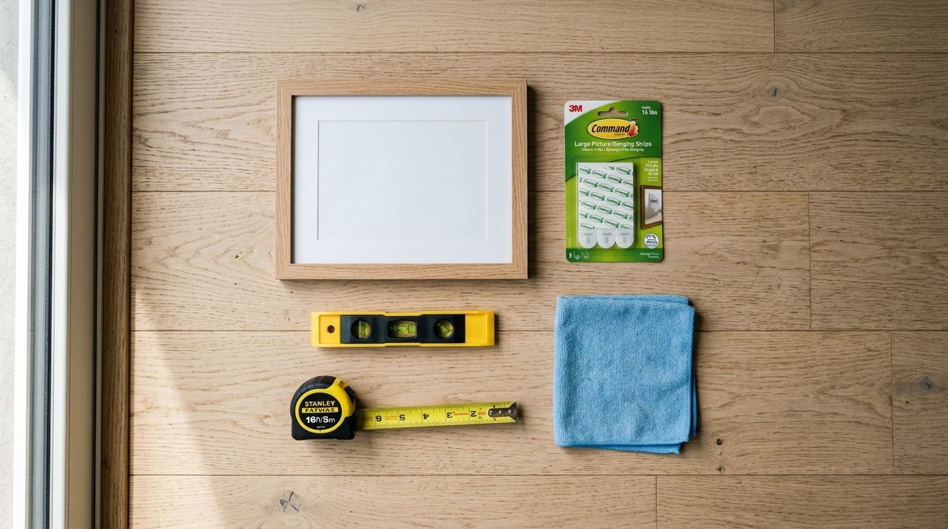 An empty wooden frame, Command strips, level, measuring tape, and a blue cloth laid out on a light wood floor.