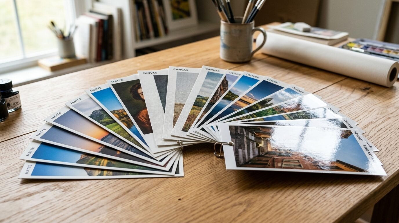 Fan of various print paper texture samples including matte, canvas, and glossy finishes on a desk.