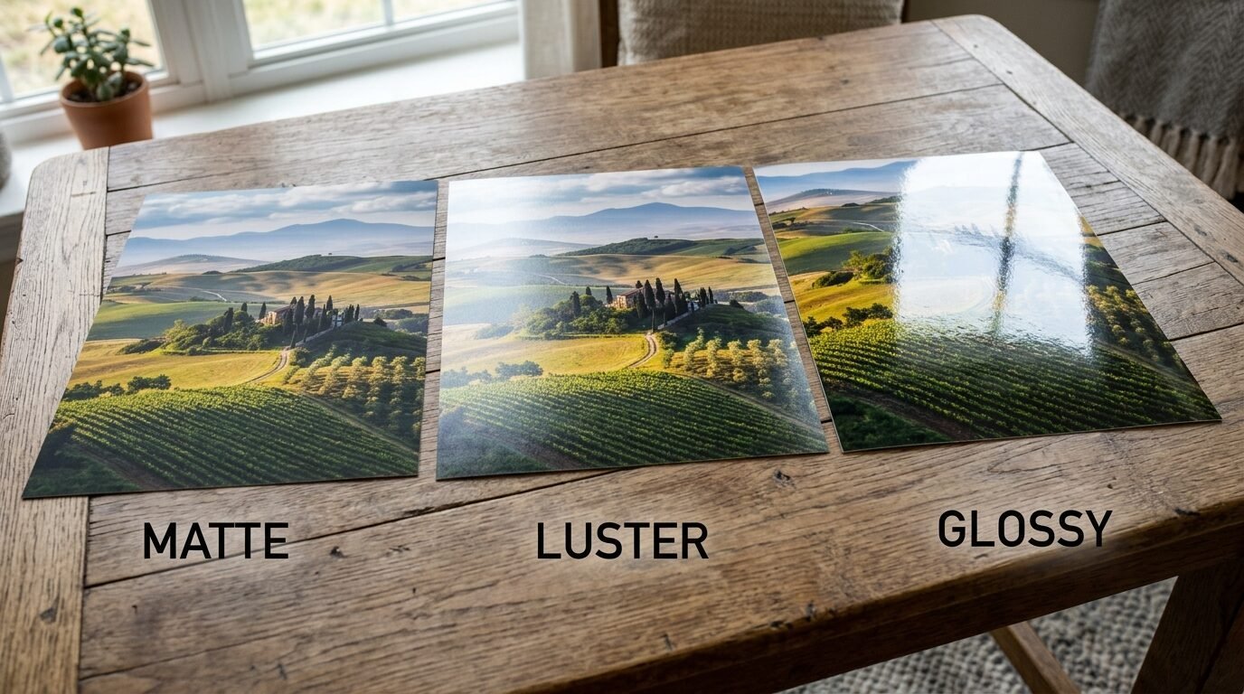 Comparison of matte, luster, and glossy photo prints of a Tuscan landscape laid out on a rustic wooden table.