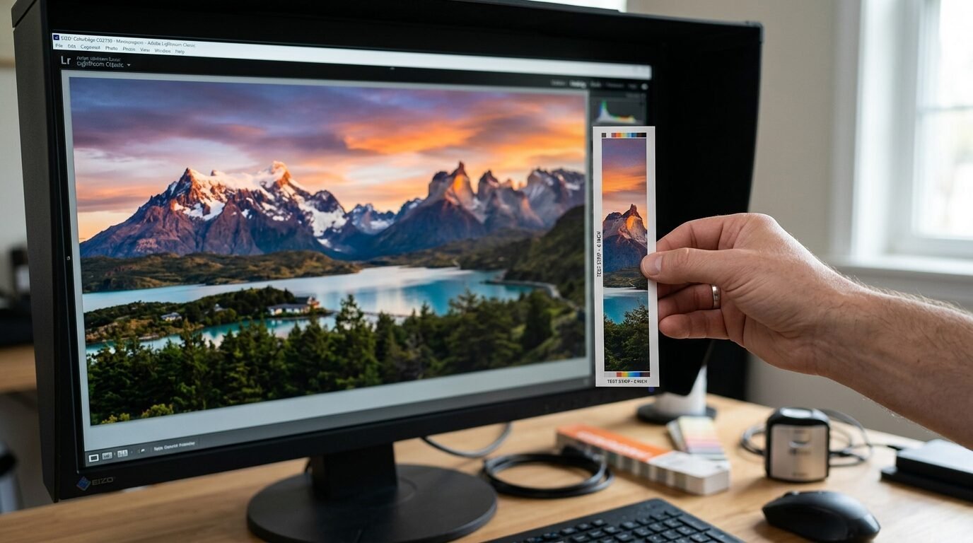 Hand holding a printed test strip next to a computer screen displaying a mountain lake landscape in Lightroom.
