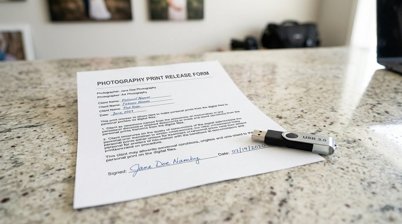 A printed photography release form sits on a granite countertop next to a silver and black USB 3.0 flash drive.