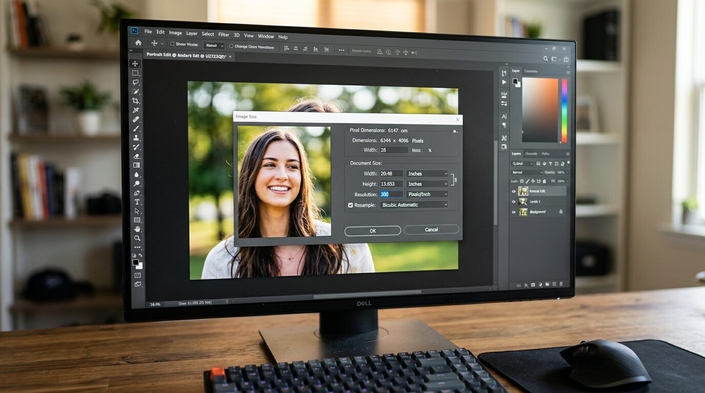 Computer monitor displaying an Adobe Photoshop dialog window for resizing a portrait of a smiling woman.