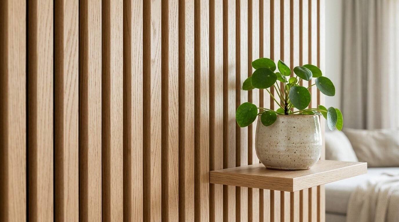 Potted Chinese money plant displayed on a minimalist light wood slatted wall panel
