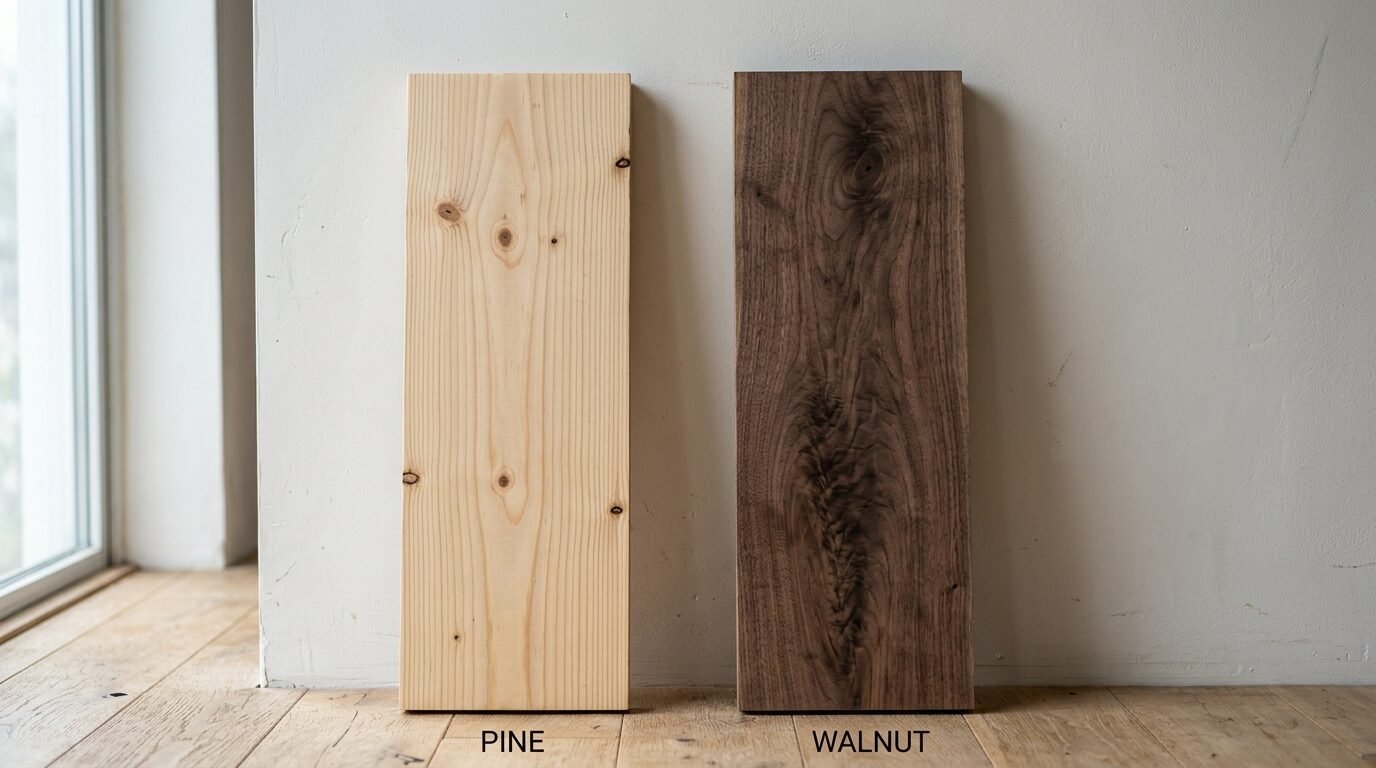 Comparison of a light, knotted pine plank next to a rich, dark-toned walnut lumber board against a white wall.