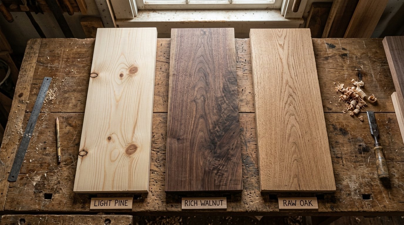 Planks of light pine, dark walnut, and natural oak arranged side by side on a rustic wooden table with hand tools.
