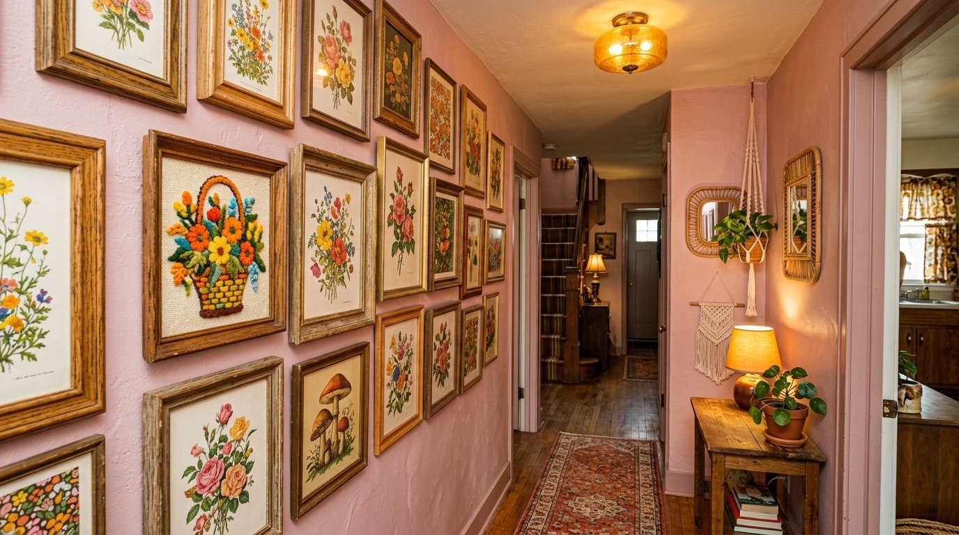 Hallway with dusty pink walls displaying a gallery collection of floral and mushroom framed prints.