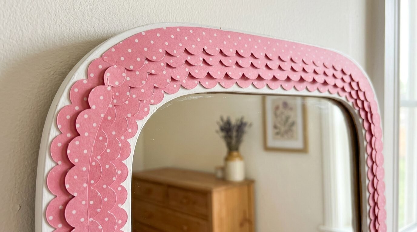 Close up of a wall mirror frame covered in rows of pink and white polka dot paper scallops.