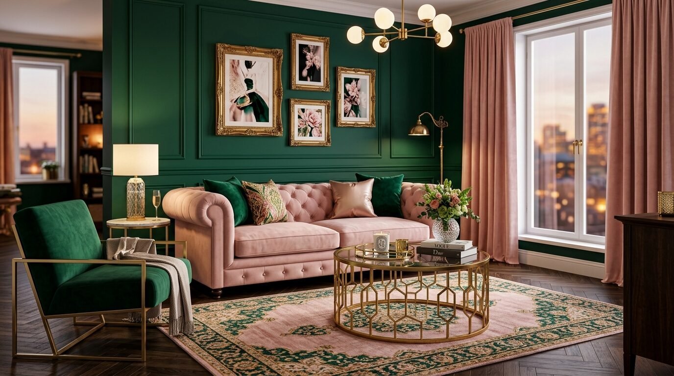 A tufted pink sofa in a sophisticated living room with green paneled walls, gold accents, and a patterned rug.