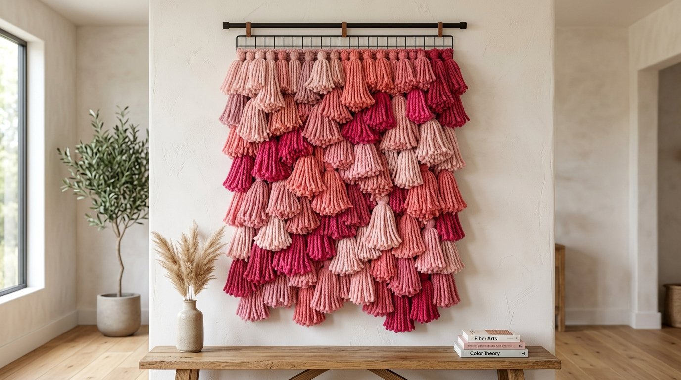Fiber art wall hanging made of layered pink yarn tassels displayed above a wooden bench.