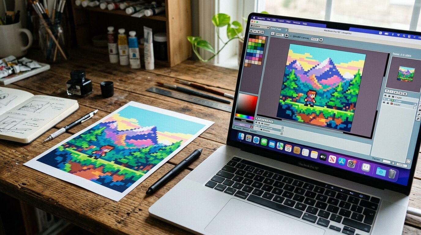 A laptop screen showing pixel art software alongside a printed copy of the same digital illustration on a desk.