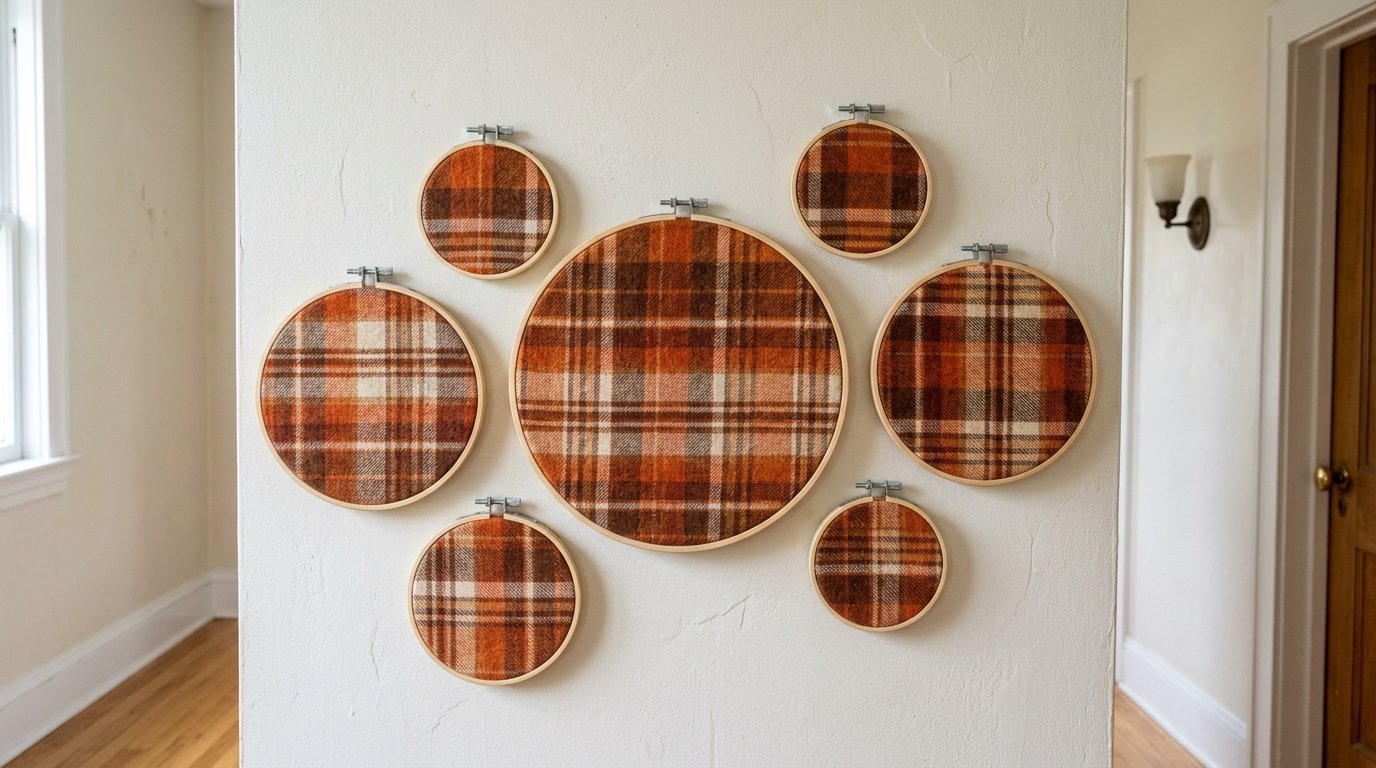 Six assorted sizes of embroidery hoops filled with tartan fabric hung on a plain white wall.
