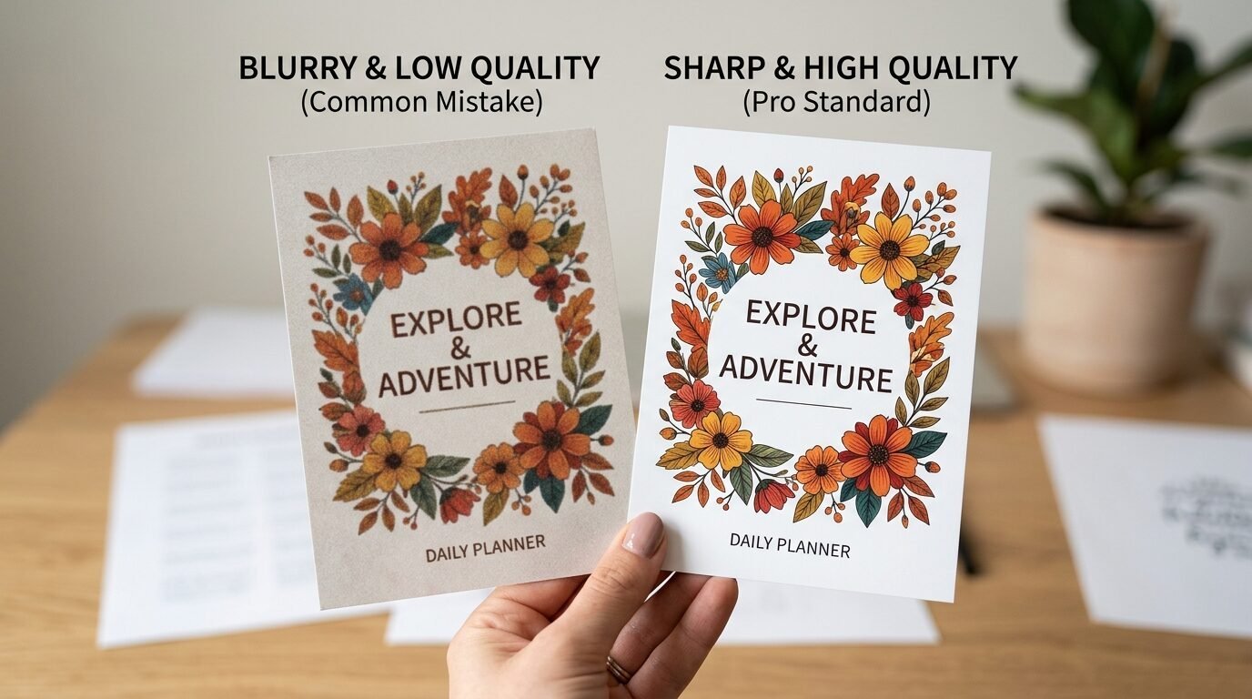 A hand holds two floral planner covers side by side showing low-quality blurry print versus high-quality sharp print.