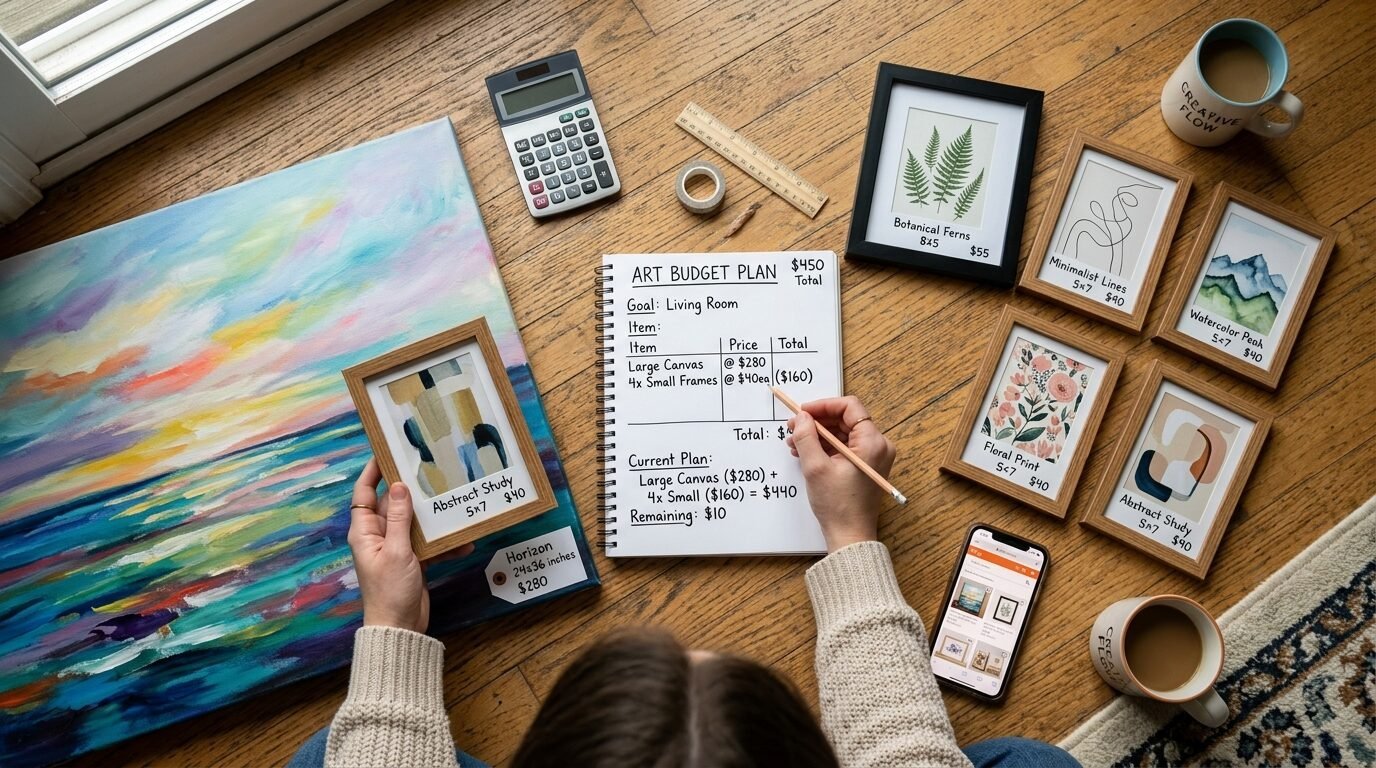 Person holding a framed print while calculating home decor expenses on a notepad surrounded by framed artwork.