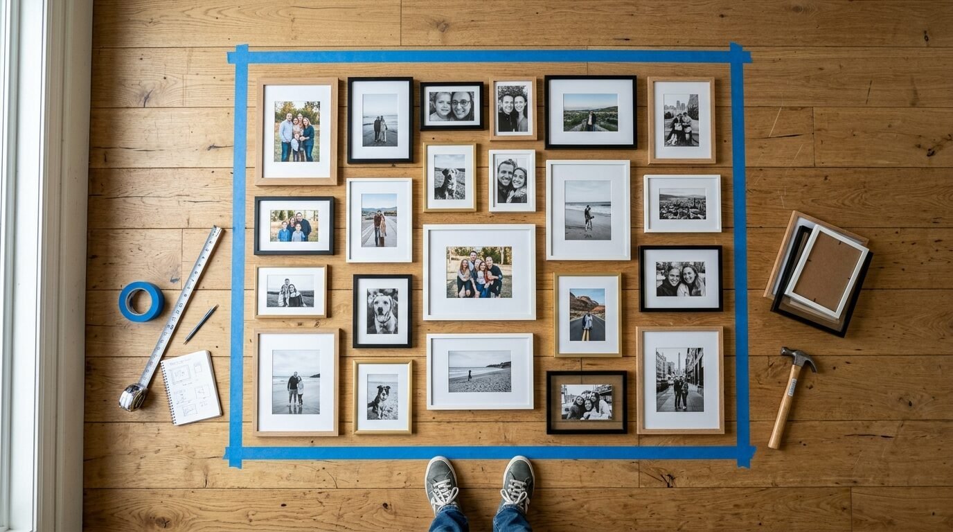 Top view of framed family photos laid out inside blue painter's tape on a wooden floor with tools for installation.