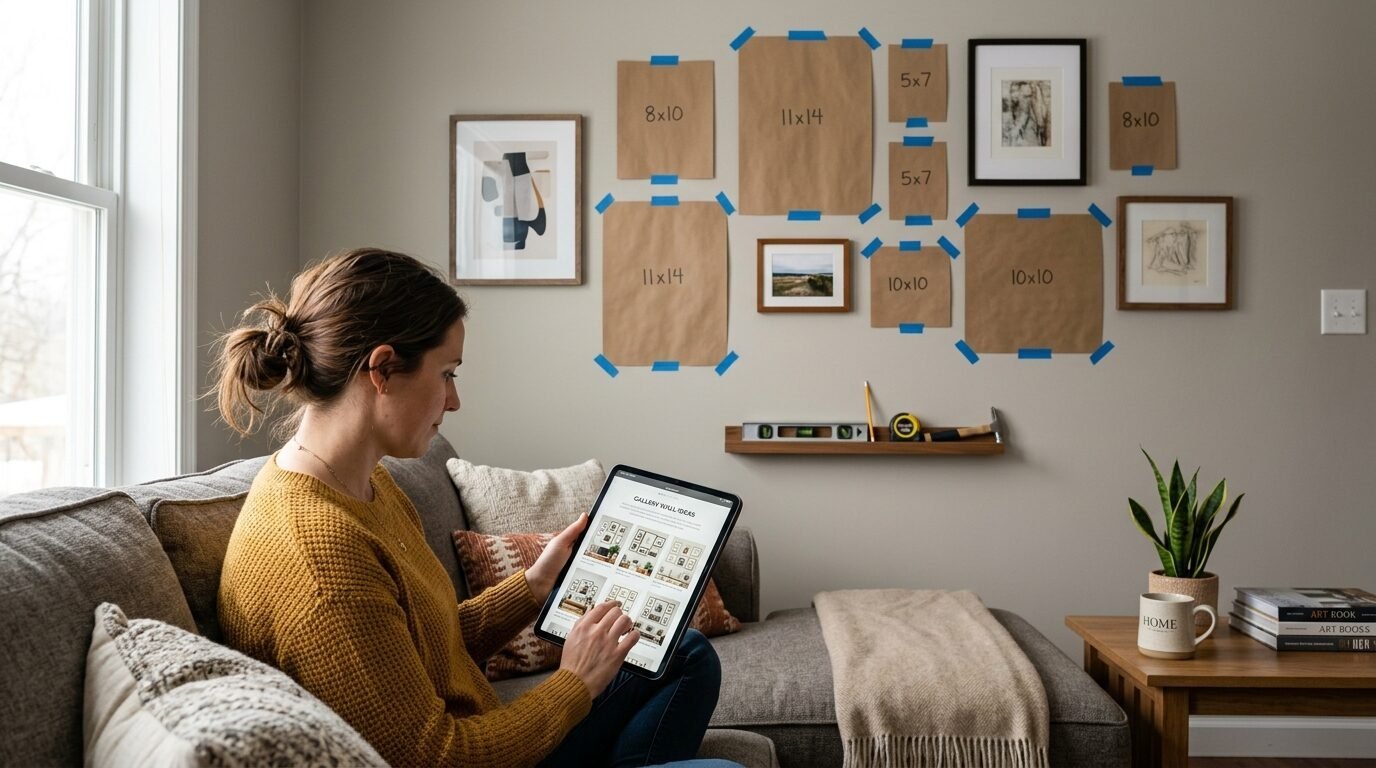 A person sitting on a couch browsing gallery wall ideas on a tablet while paper templates are taped to the wall.