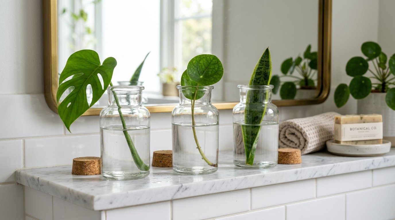 Three glass vases with water and plant leaves placed on a white marble bathroom vanity shelf.