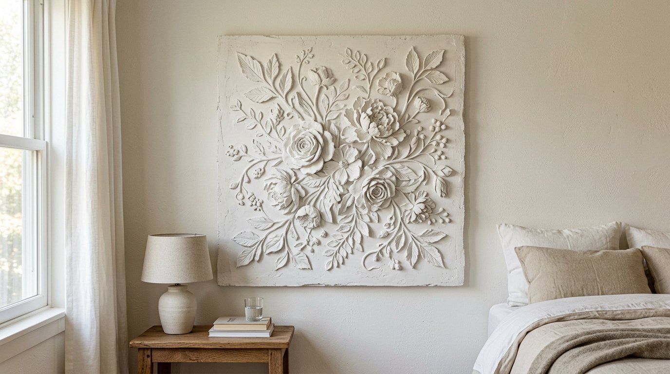 A beige square plaster sculpture of flowers and leaves hanging on a bedroom wall above a nightstand.