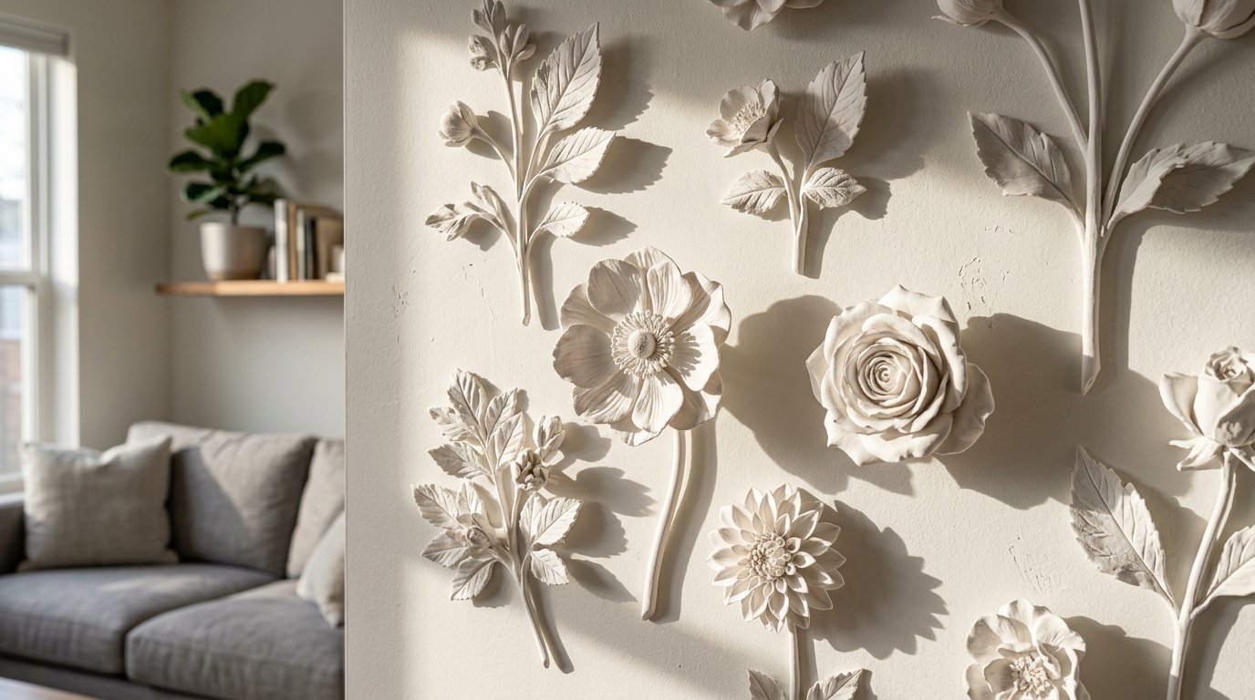 Raised white floral wall art featuring sculpted roses and anemones with soft natural lighting.