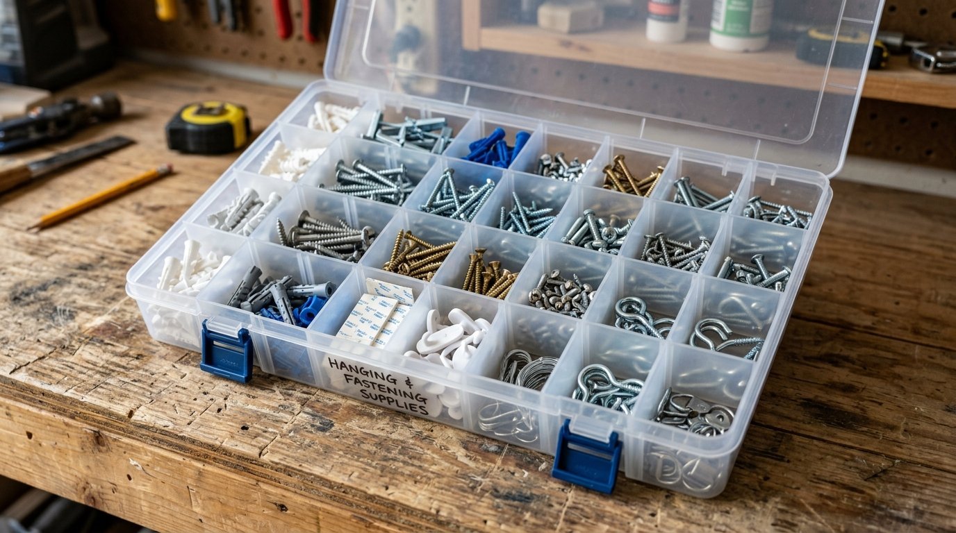 A divided container sitting on a wooden workbench labeled with hanging and fastening supplies.