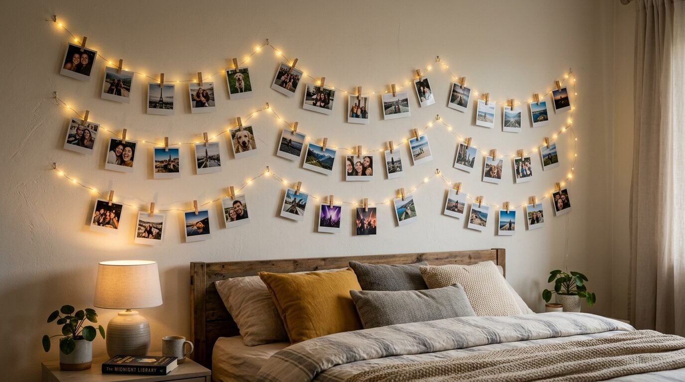 A bedroom wall decorated with three rows of polaroid photos clipped to glowing fairy light strings above a bed.