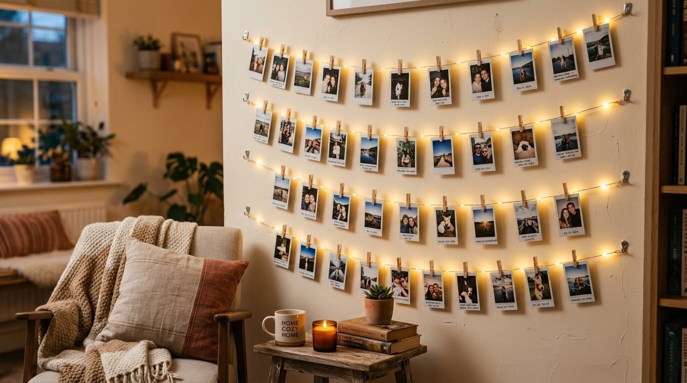 Rows of small Polaroid-style pictures clipped to illuminated string lights on a neutral living room wall.