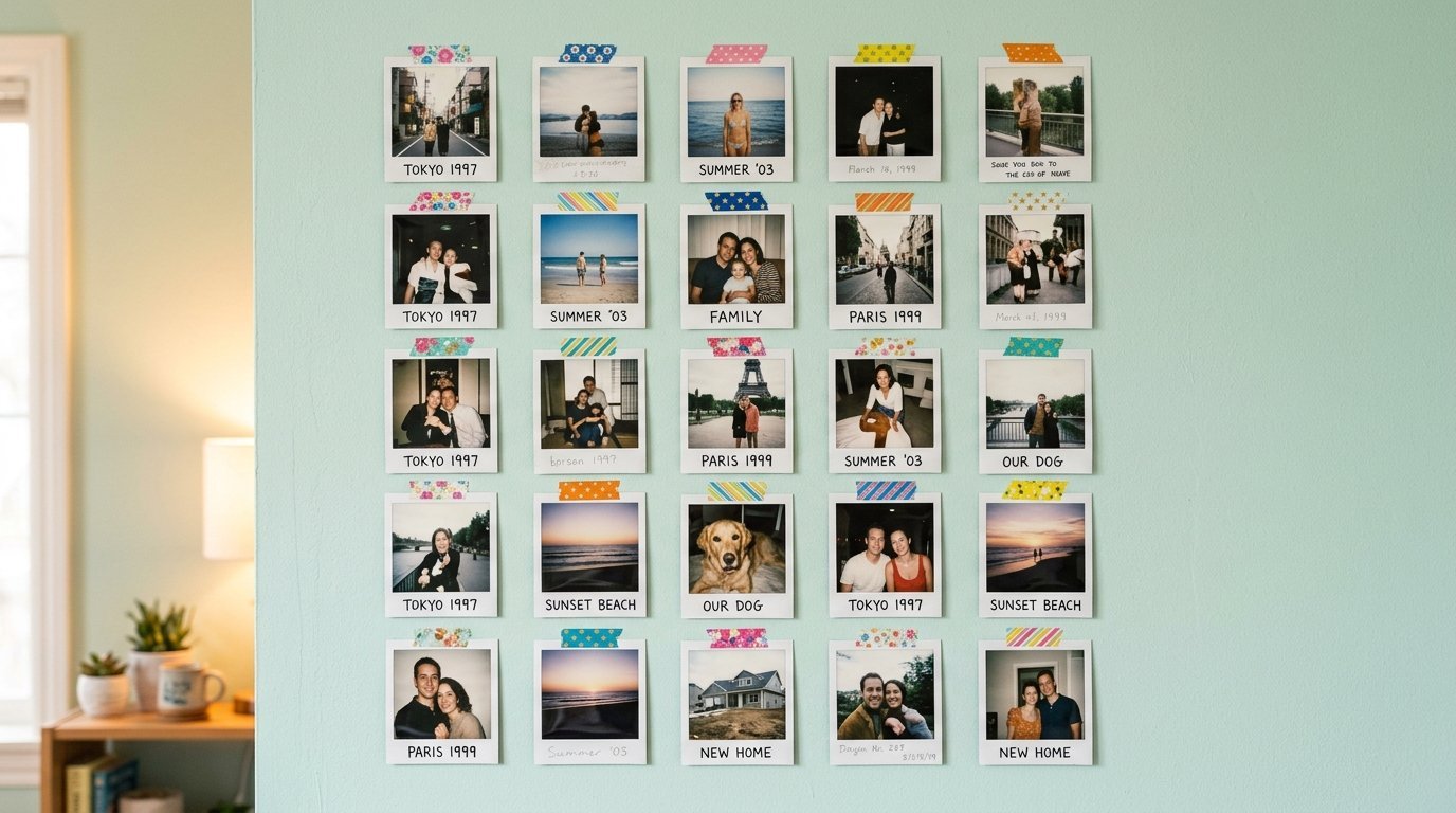 A collage of twenty-five labeled polaroid prints featuring family photos and travel memories attached with washi tape.