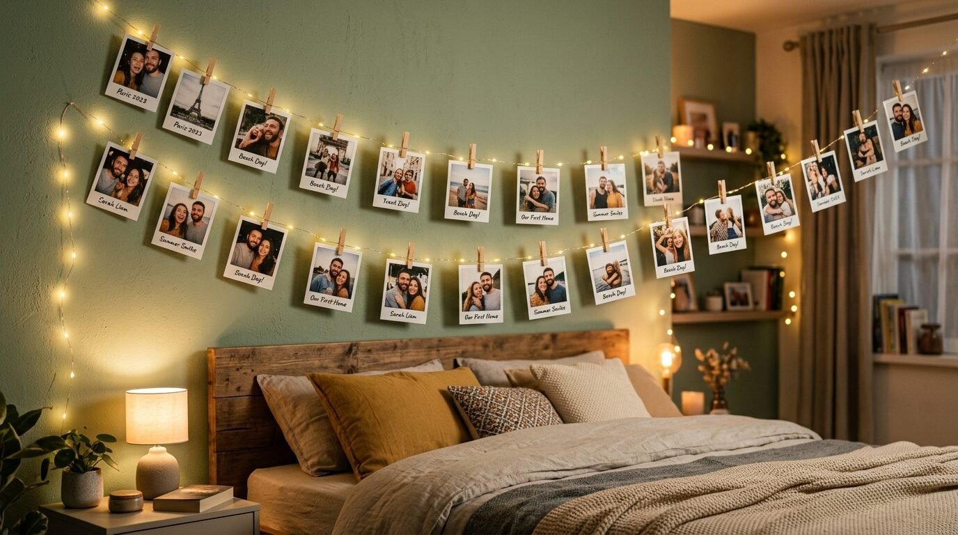Glowing string lights displaying hanging polaroid portraits of couples above a cozy bed.