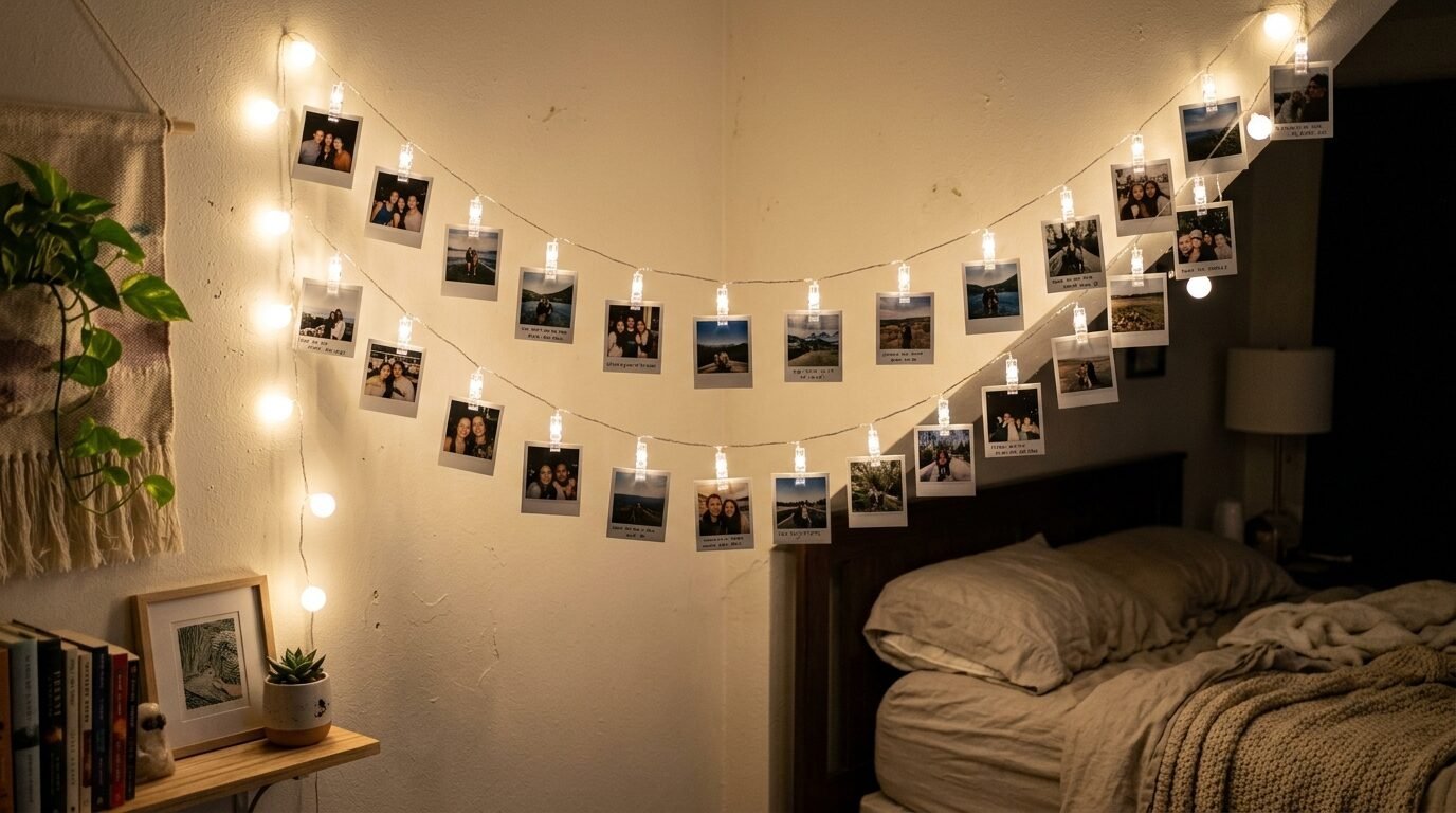 A string of warm fairy lights adorned with small hanging polaroid photos above a bed in a dimly lit room.