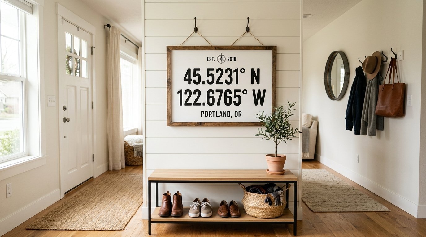Modern farmhouse entryway featuring a sign with Portland coordinates hung on a white shiplap wall above a shoe bench.