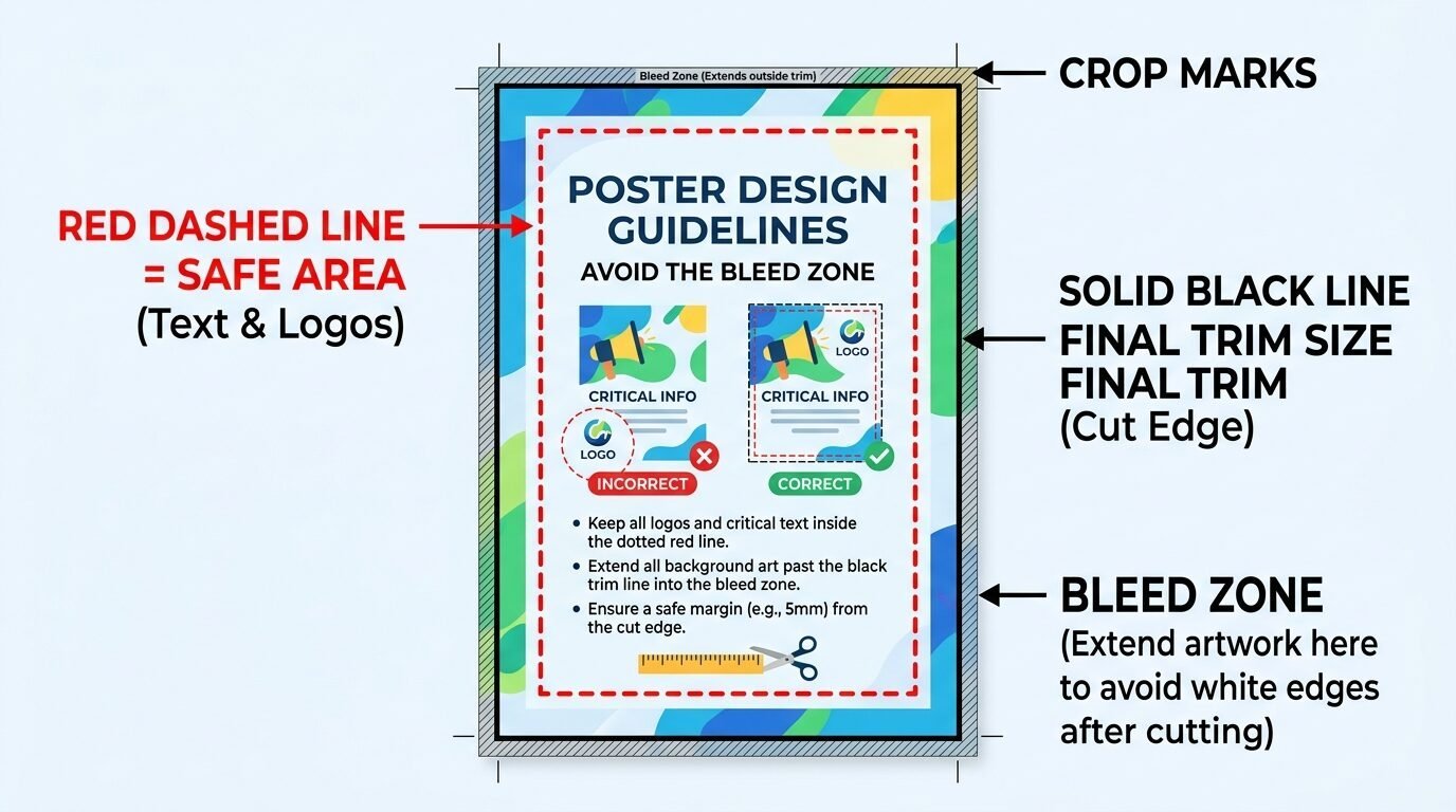 An educational infographic explaining safe area, trim size, and bleed zone for printing posters.