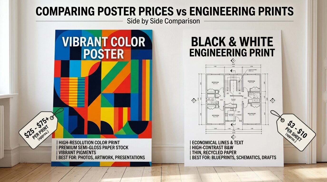 Comparison chart showing the cost and features of a colorful poster versus a black and white engineering blueprint.