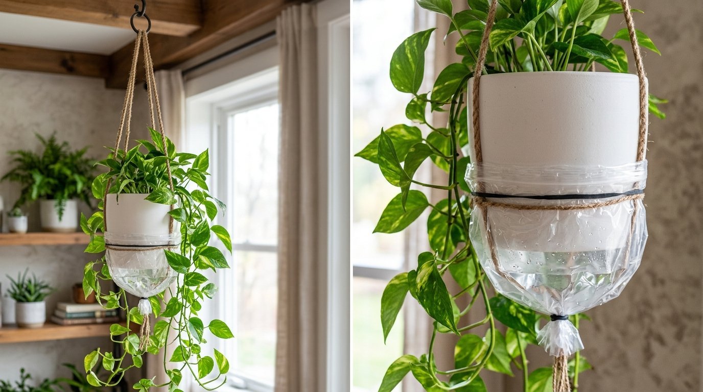 A white planter holding a trailing pothos plant is inside a clear plastic bag to catch excess water.