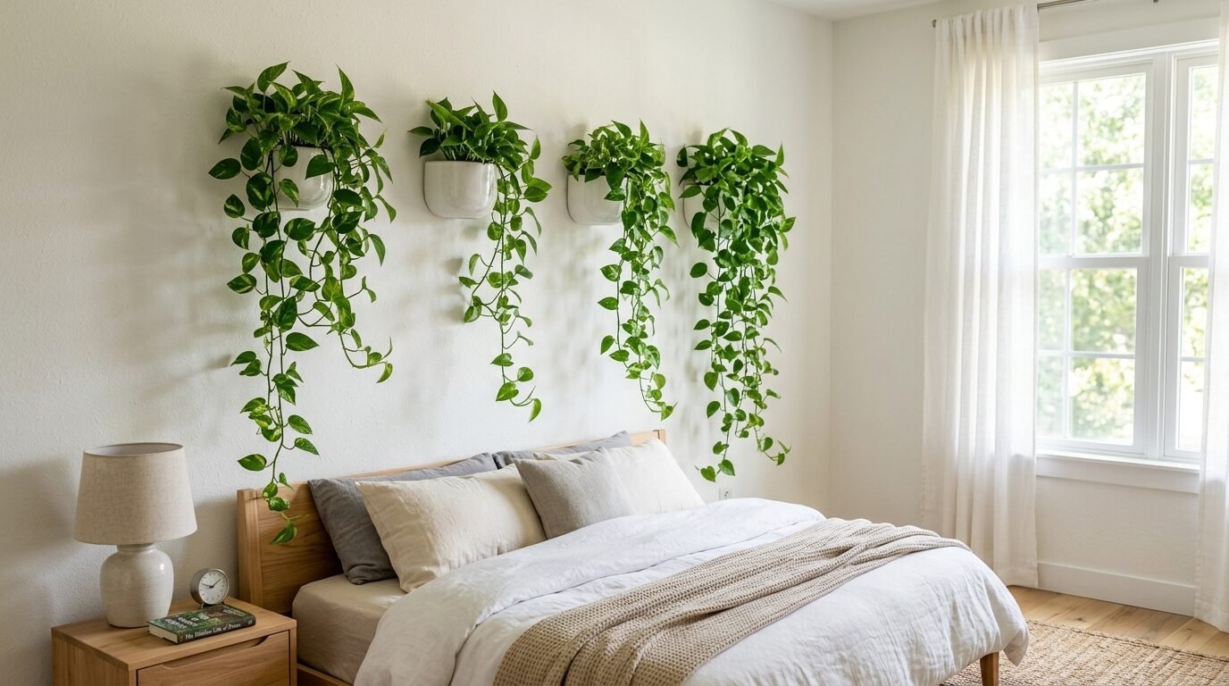 Vibrant green ivy plants in white pots hanging on a bedroom wall above a wooden bed frame.