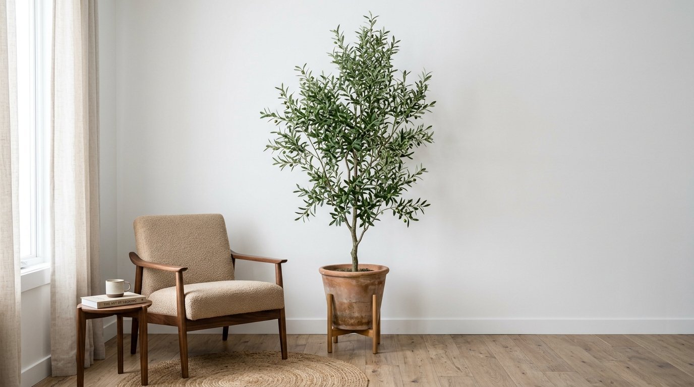 A beige boucle accent chair sits next to a potted indoor olive tree in a bright, minimalist home interior.