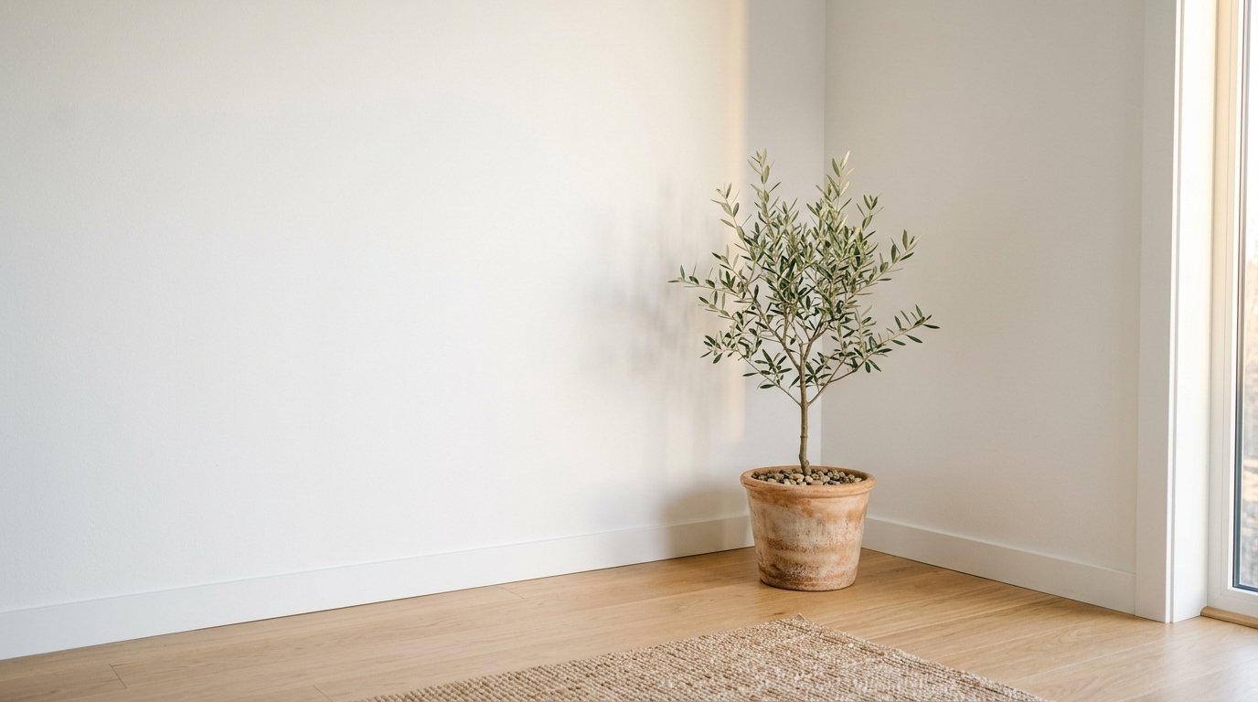 A small potted olive tree stands in the corner of a minimalist room with hardwood floors and a woven rug.