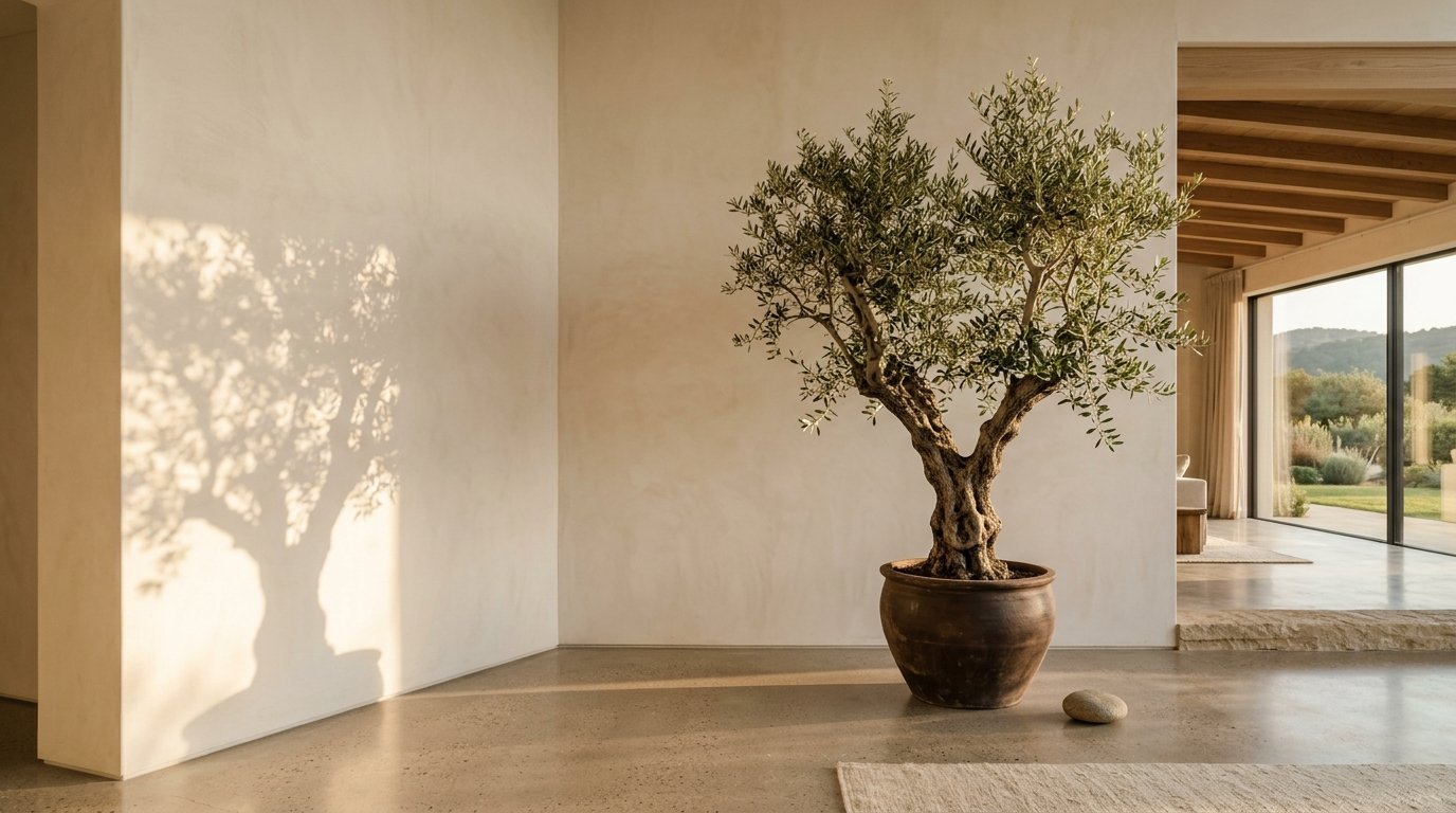 Potted olive tree in a terracotta vessel casting a tree shadow on a plain beige wall.