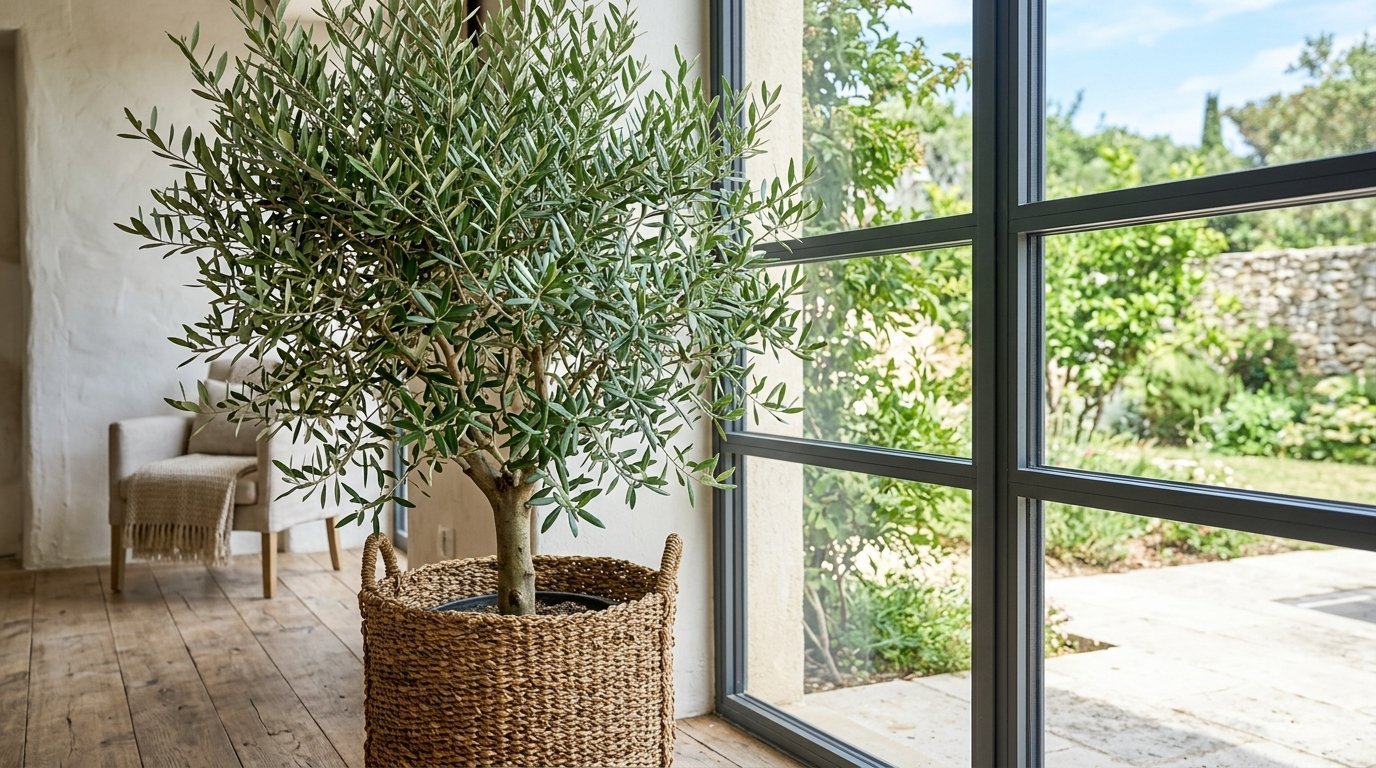 An indoor potted olive tree in a woven basket next to a large window overlooking a lush garden patio.