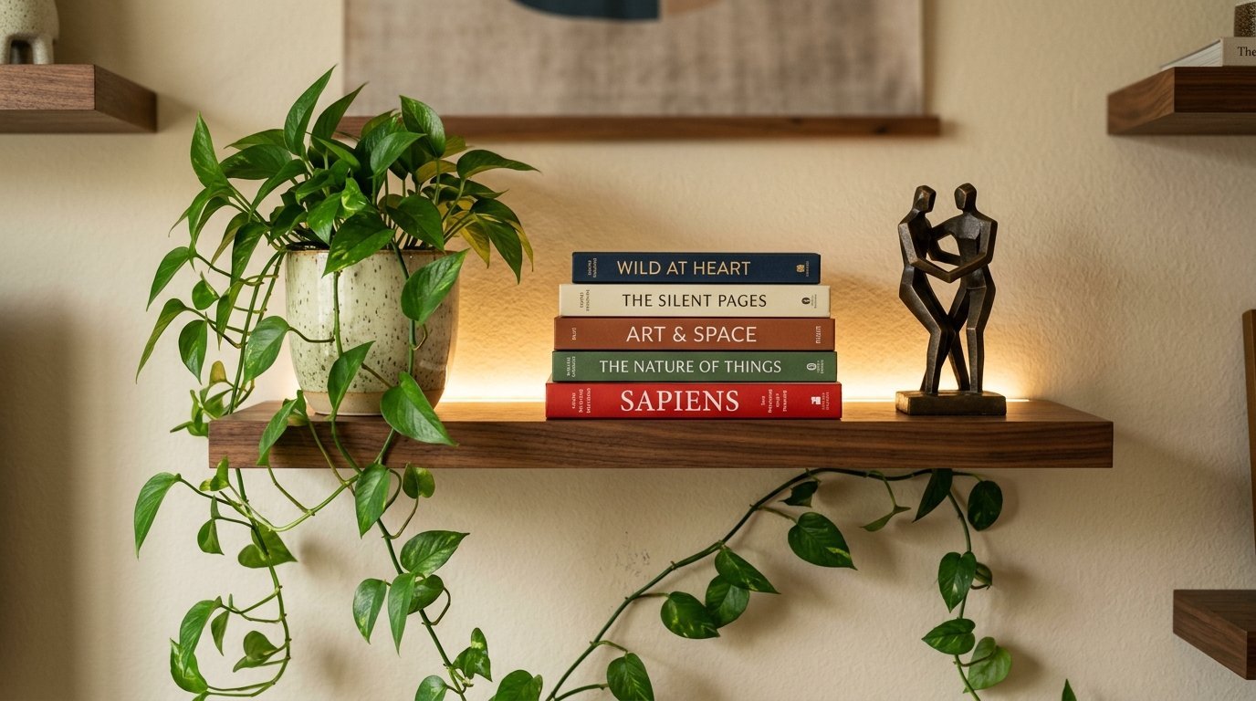 Five stacked books next to a trailing pothos plant and a metal figurine on a floating wooden shelf.