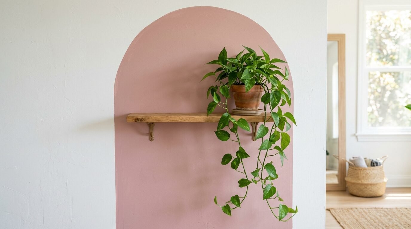 A vibrant green pothos plant in a terracotta pot resting on a floating oak shelf against a painted pink arch.