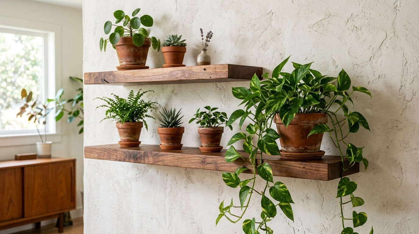 Several terracotta pots with diverse greenery arranged on two floating walnut shelves against a textured white wall.