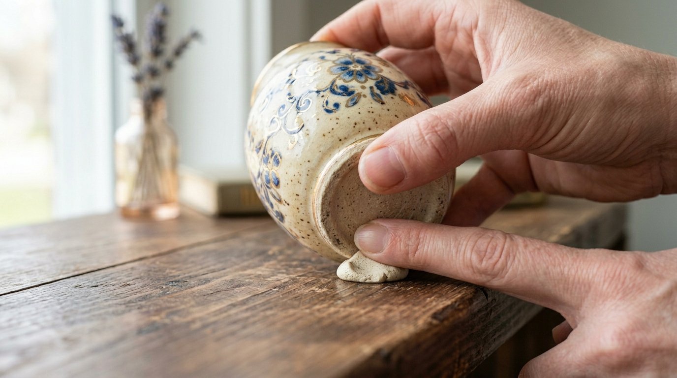 Close-up of a person using a small piece of clay to stabilize a speckled ceramic bowl on a wooden surface.