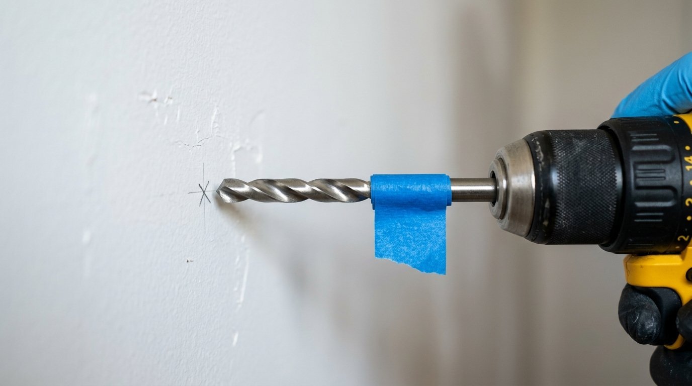 Close up of a hand holding a drill with blue tape wrapped around the bit to measure hole depth.