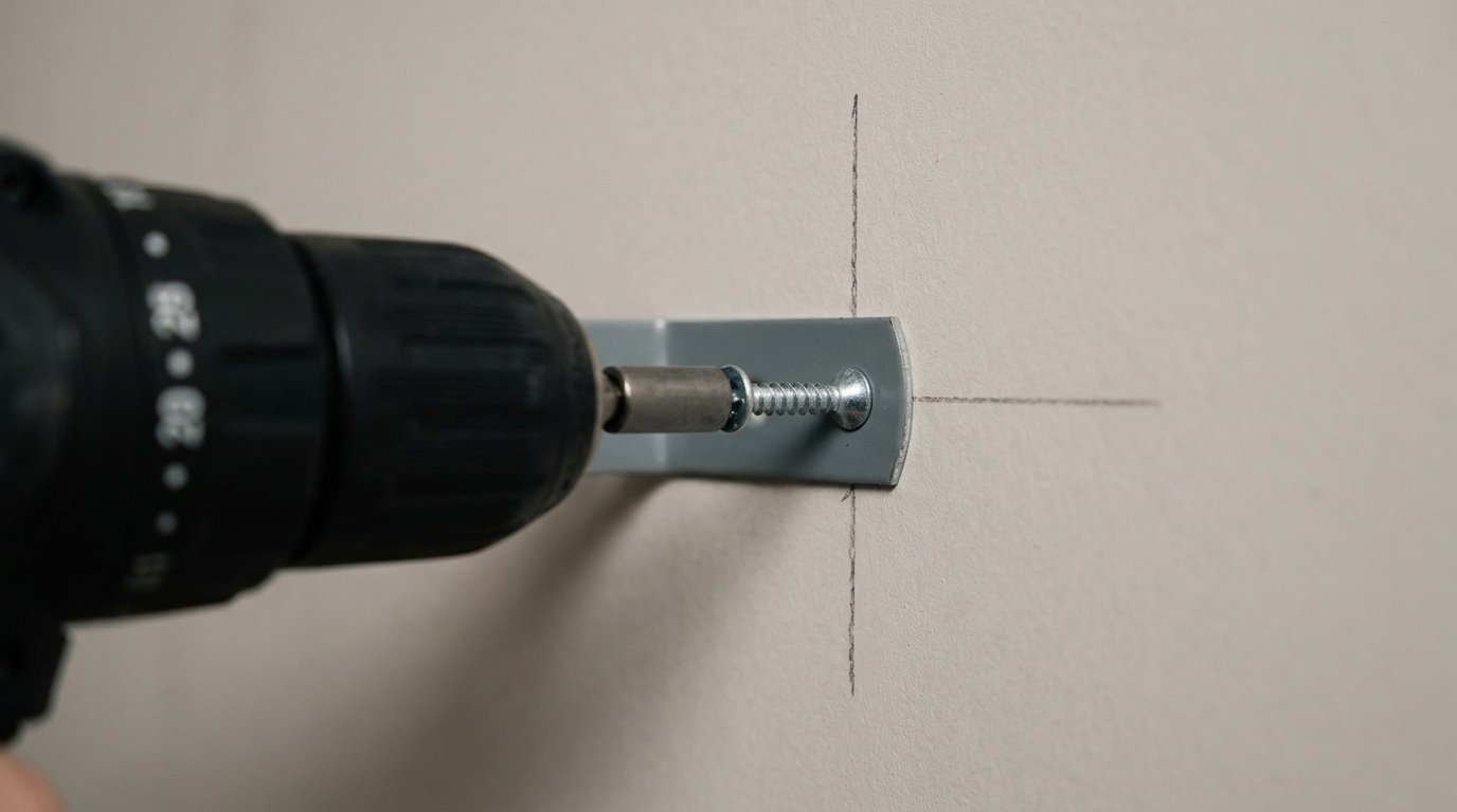 Close-up of a drill driving a screw through a metal mounting plate onto a wall with pencil markings.