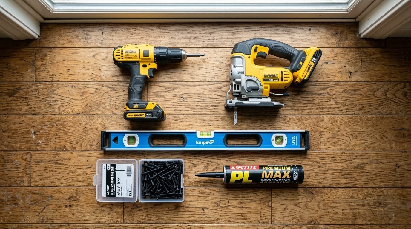 A drill, jigsaw, spirit level, box of screws, and adhesive on wood.