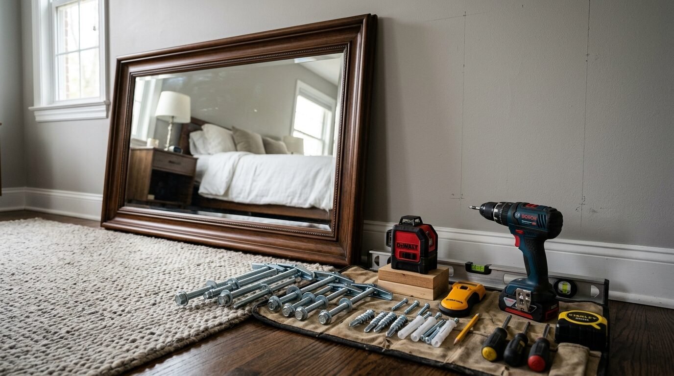 Heavy-duty bolts, laser level, and drill arranged on a mat next to a large mirror leaning against the bedroom wall.