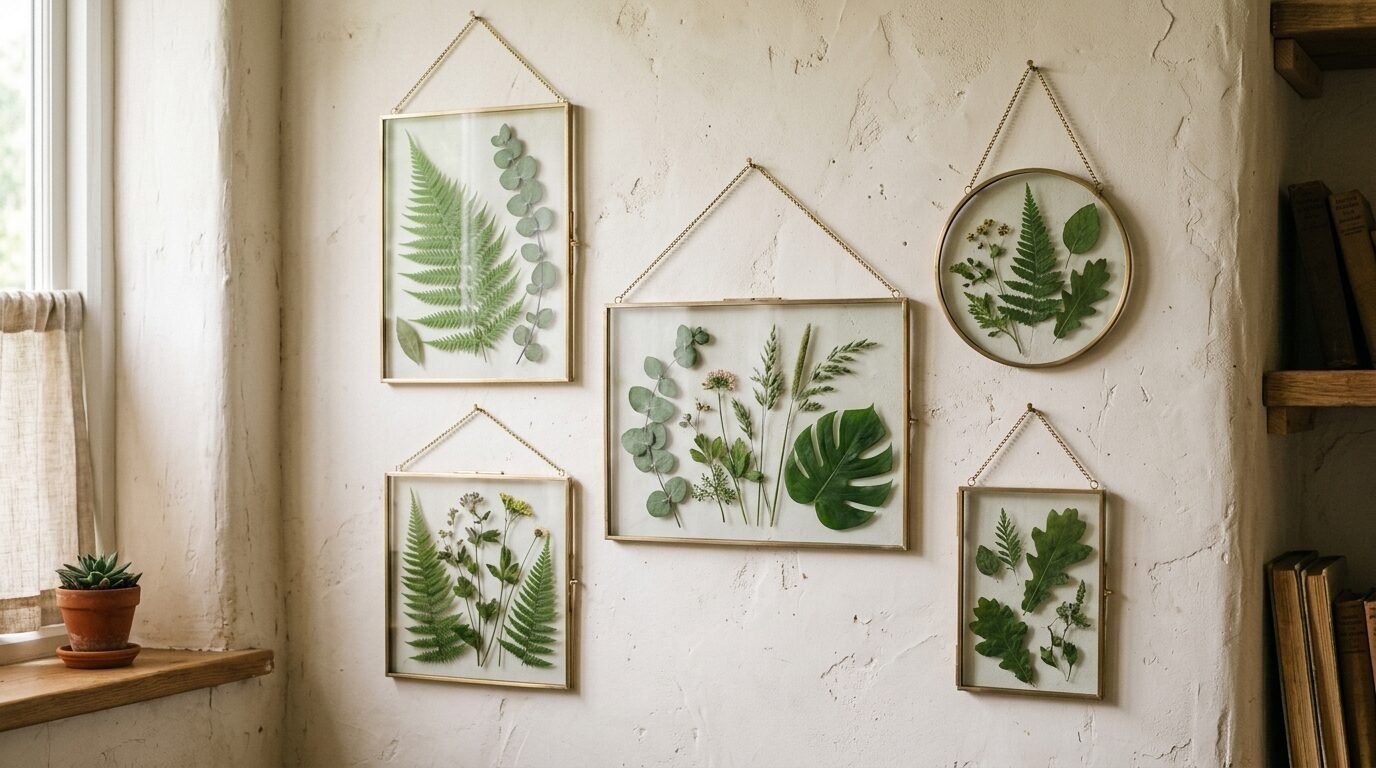 Five gold-rimmed glass frames hanging on a textured wall, displaying various pressed leaves, ferns, and wildflowers.